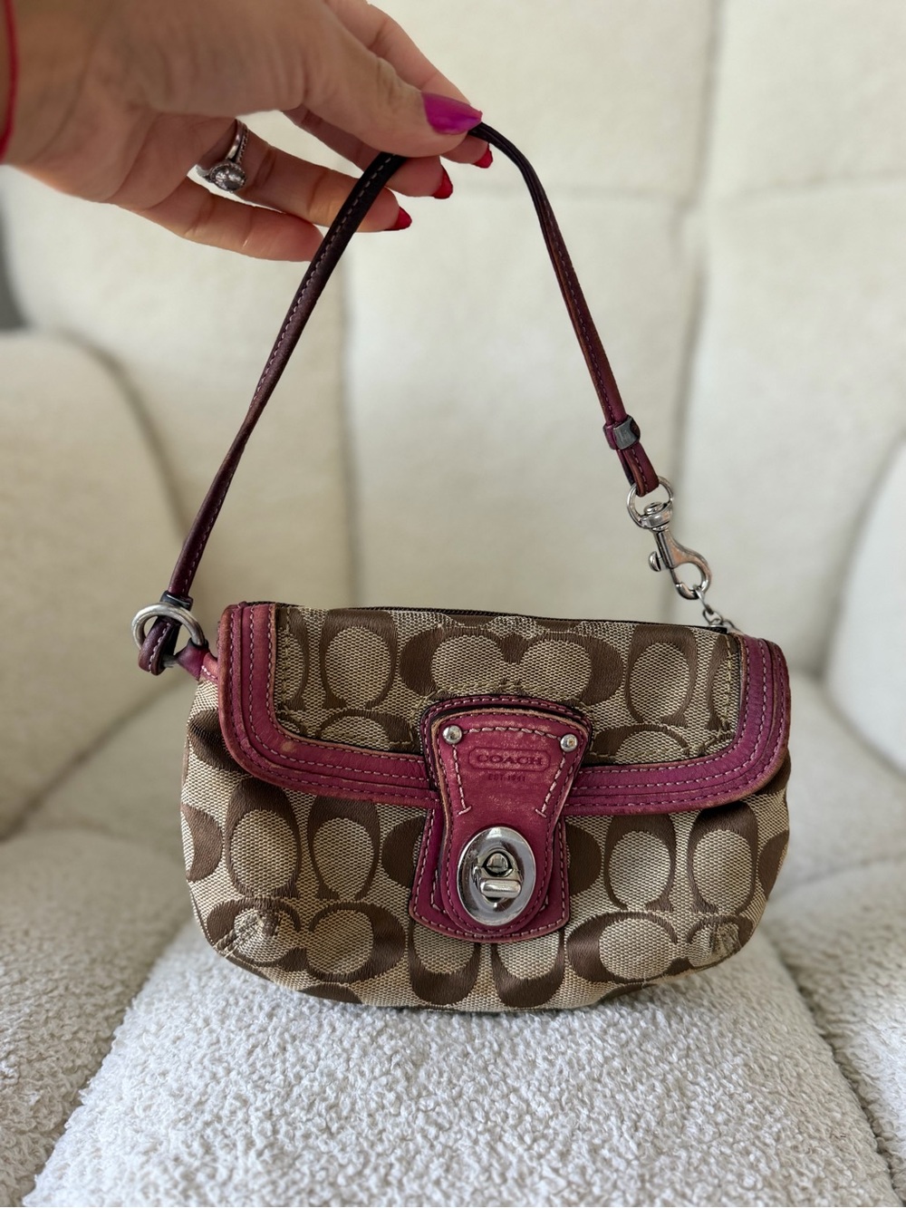 Coach Khaki Signature Canvas Shoulder Bag with Pink Trim